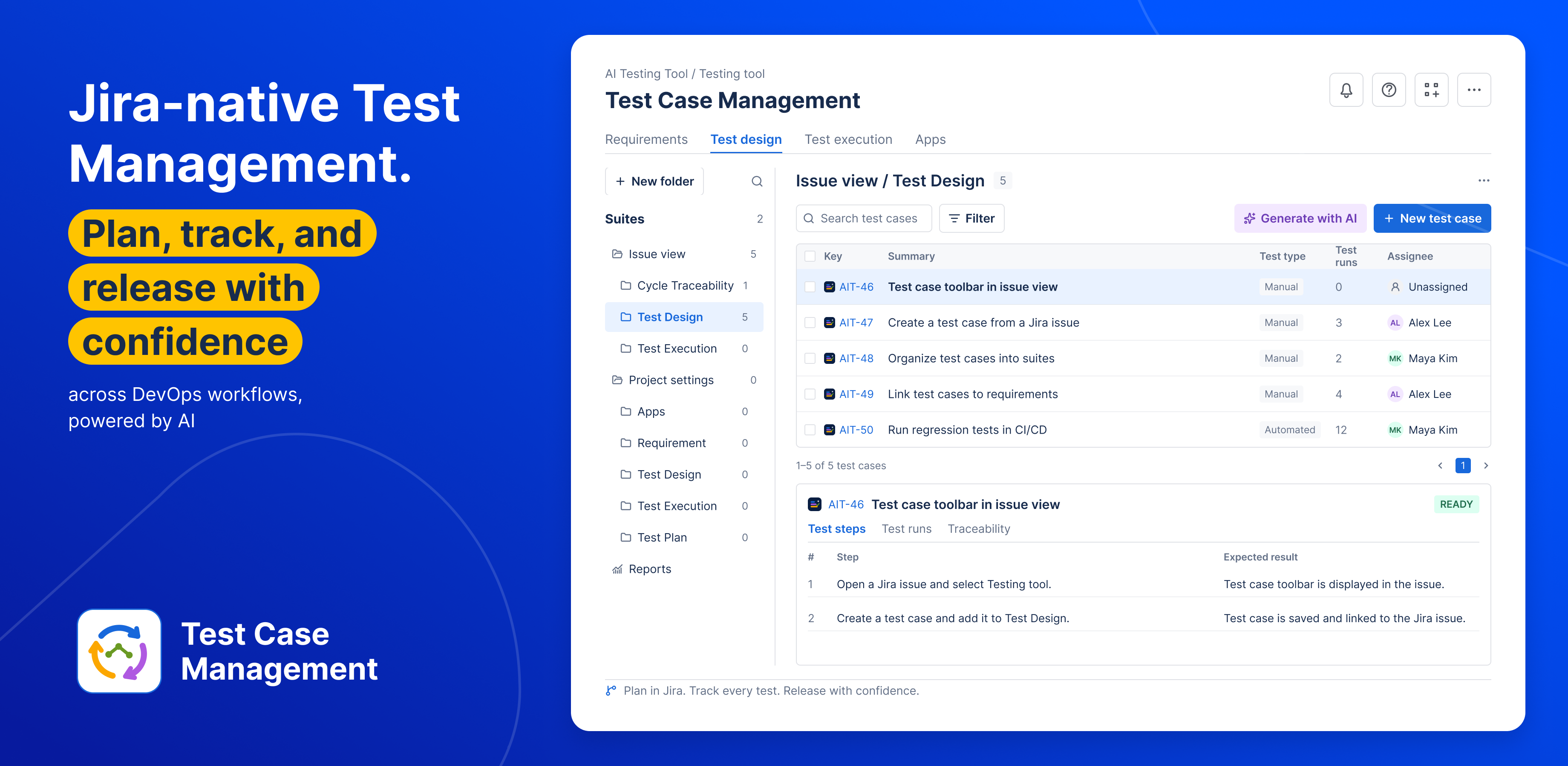 Jira-native Test Management — plan, track, and release with confidence across DevOps workflows, powered by AI