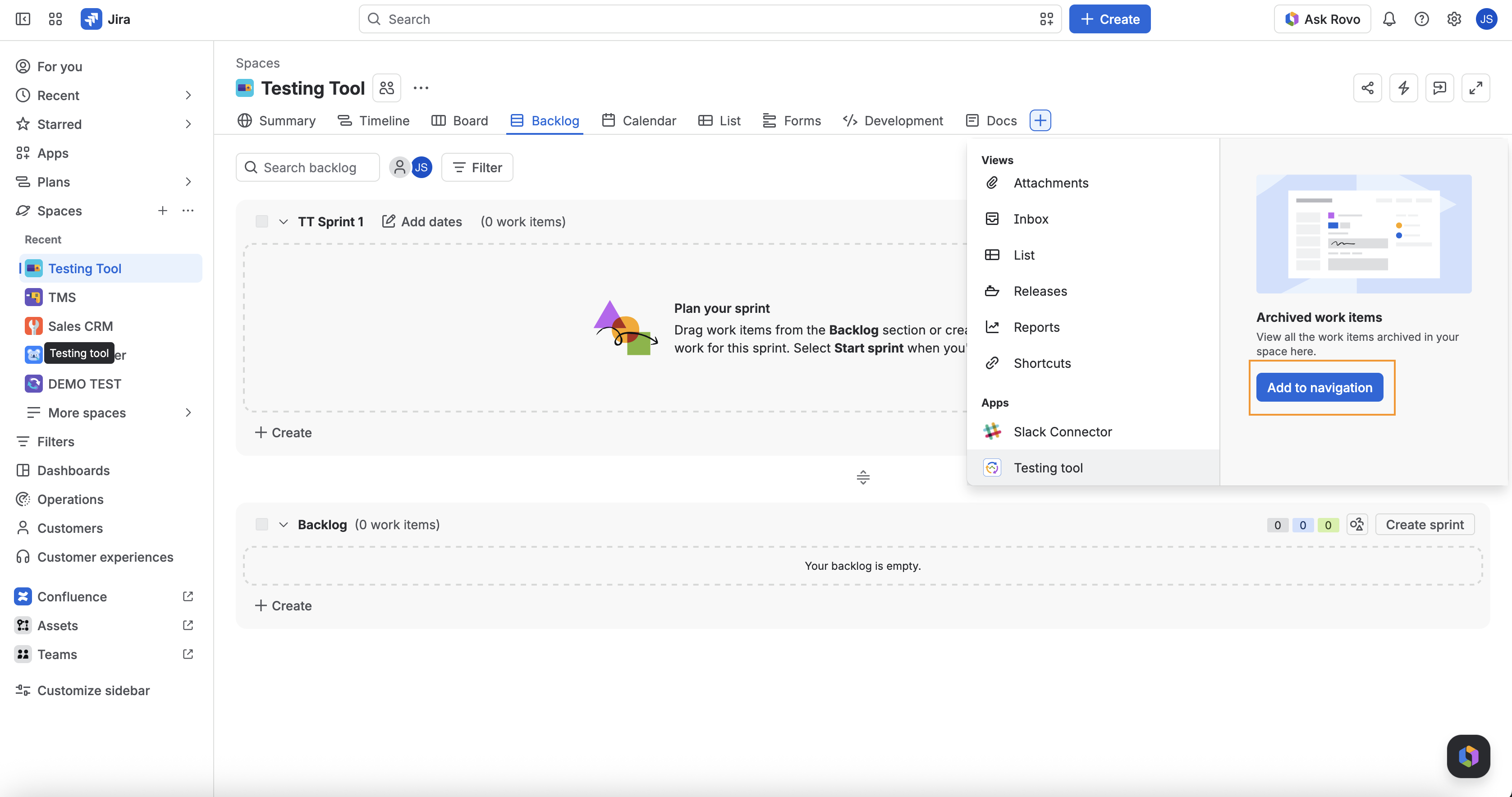 Add Testing tool to project navigation from the Apps menu