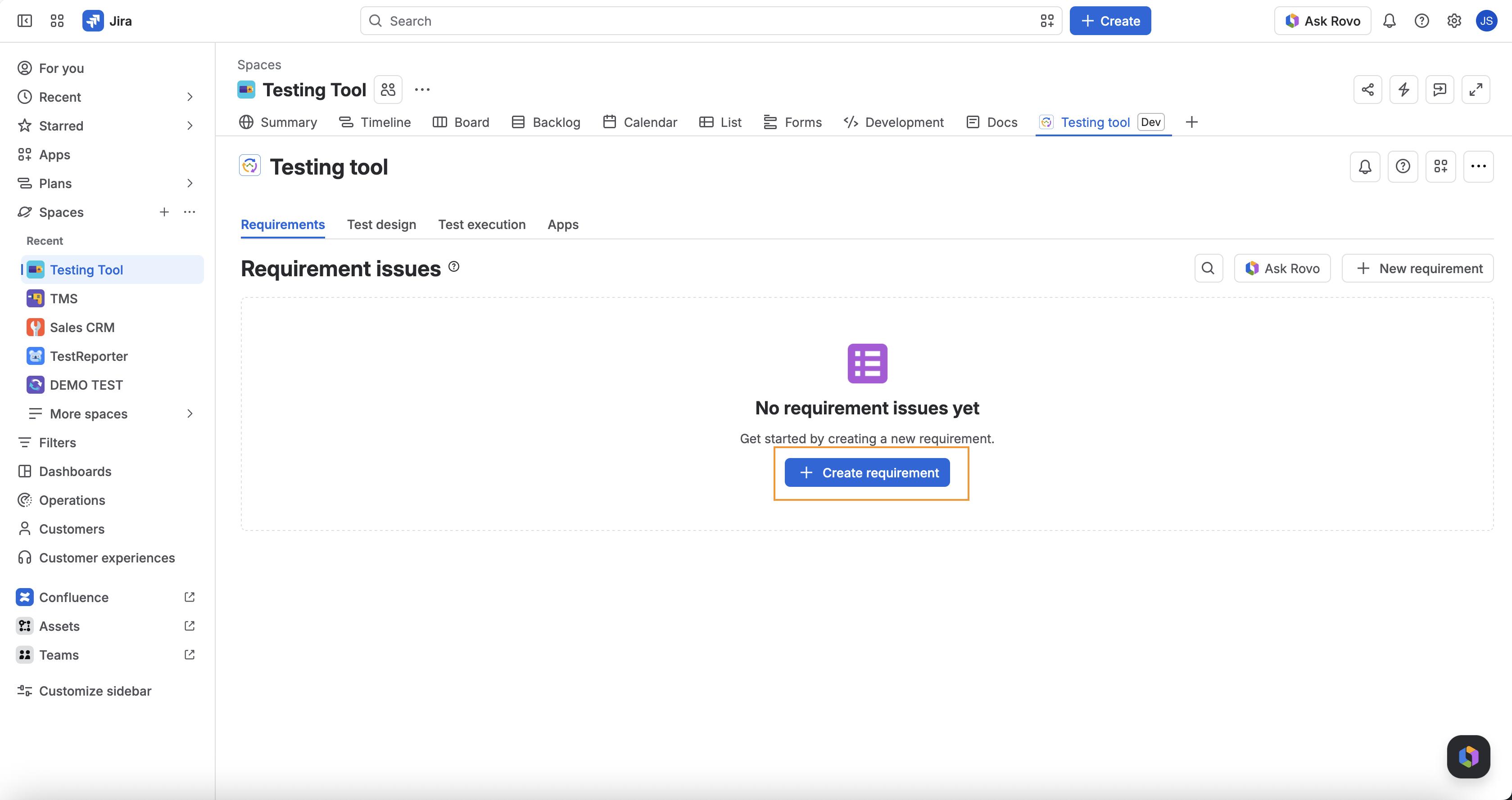 Testing tool hub on Requirements with Create requirement