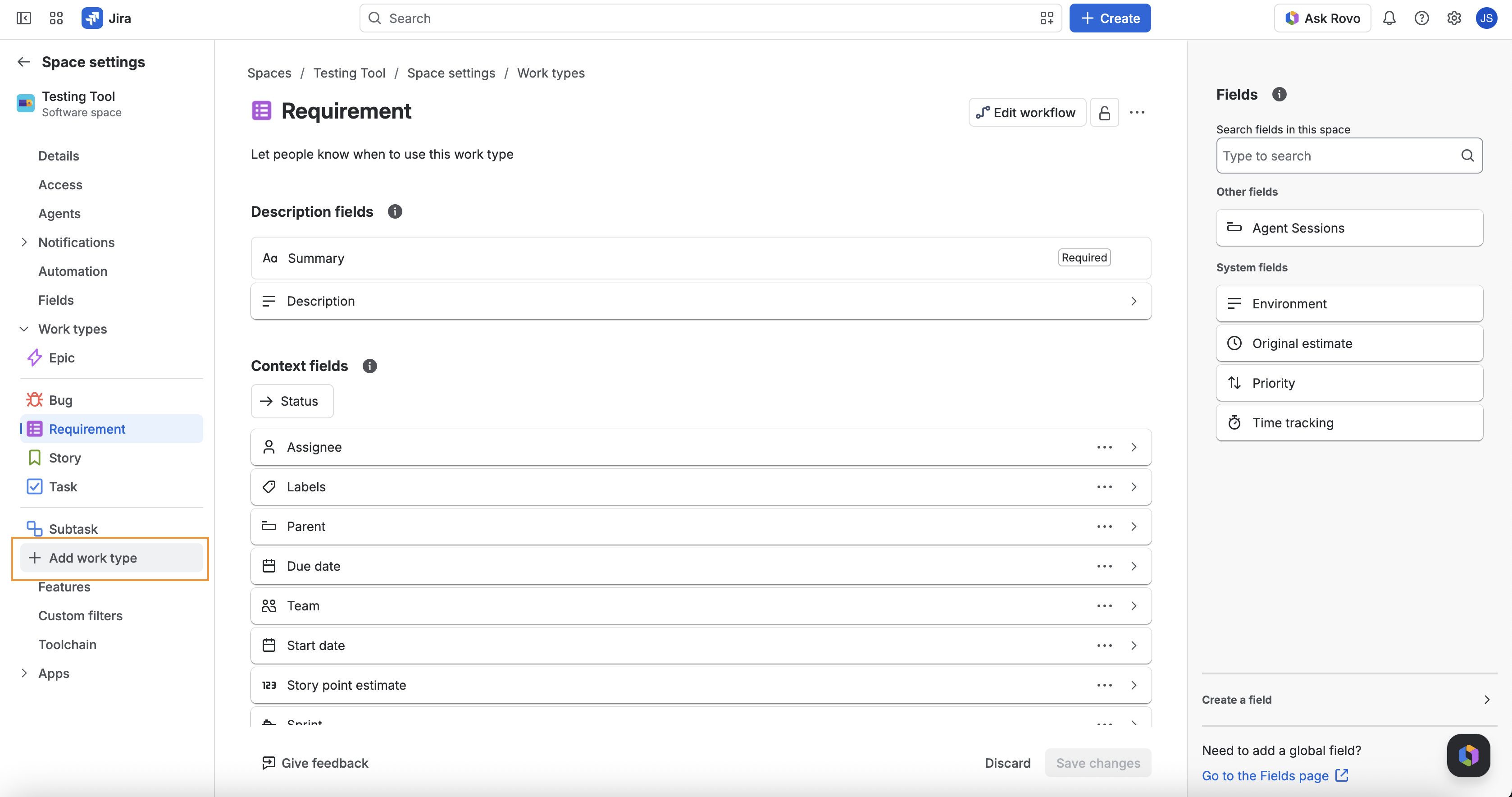 Work types settings with Add work type