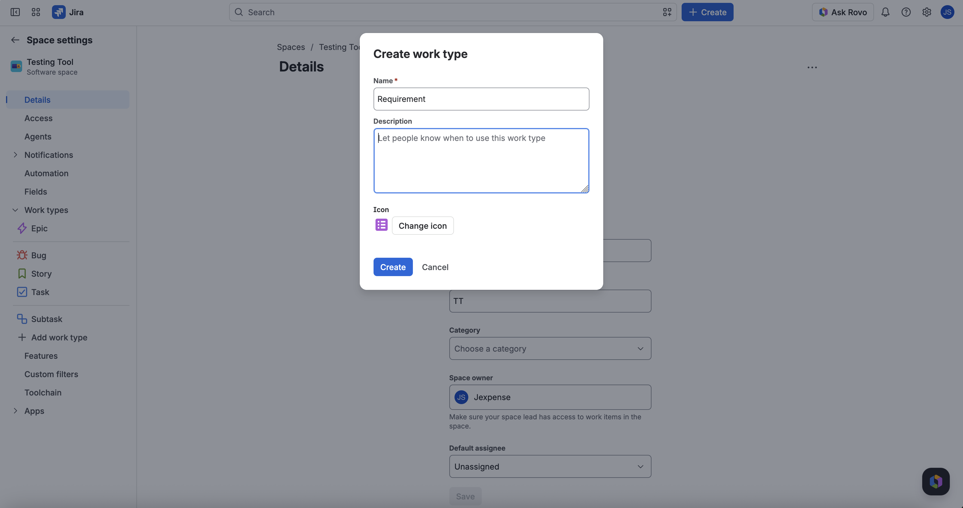 Create work type dialog with name Requirement