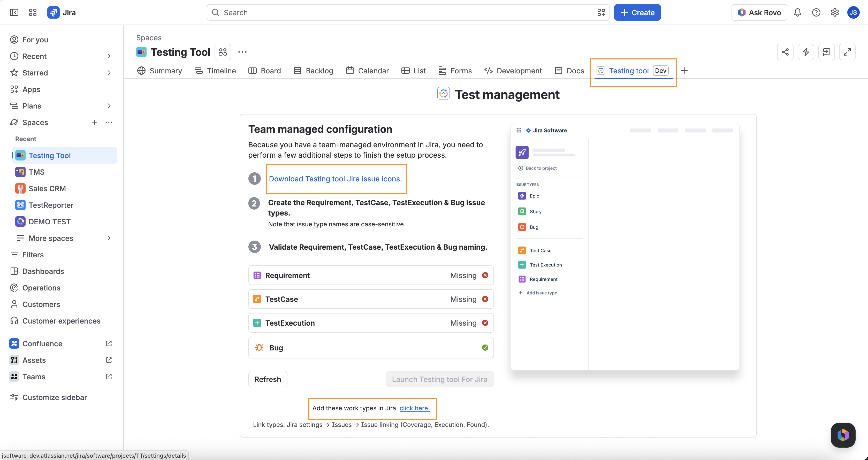 Team managed configuration with Requirement, TestCase, and TestExecution Missing