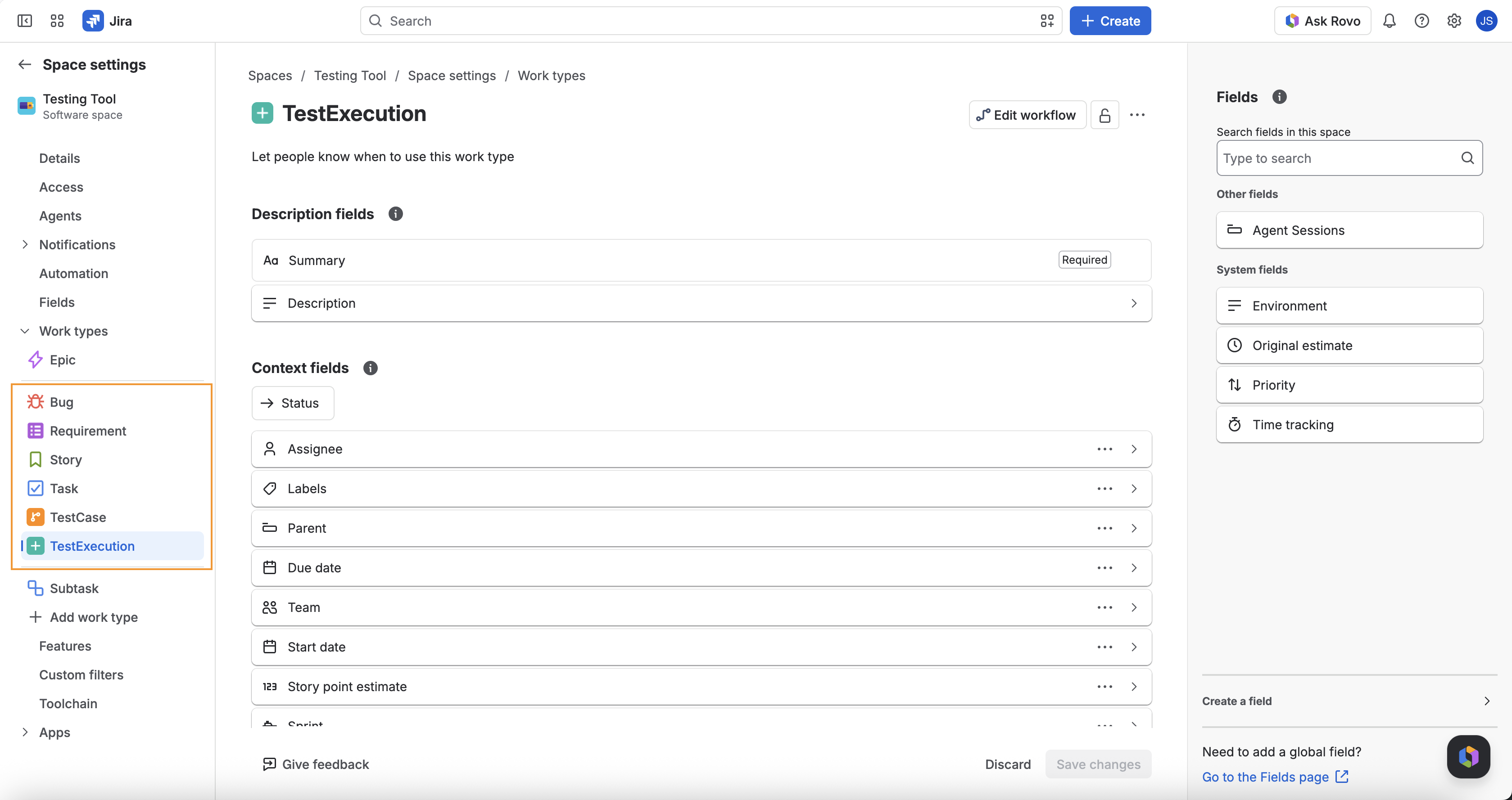 Work types list with Bug, Requirement, TestCase, and TestExecution
