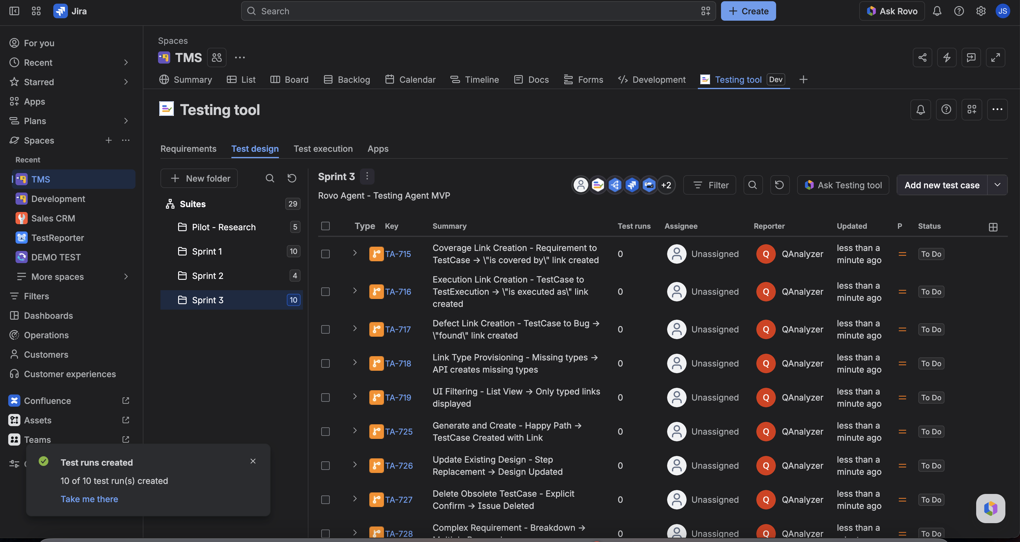 Test design suite list with TestCases under the selected suite