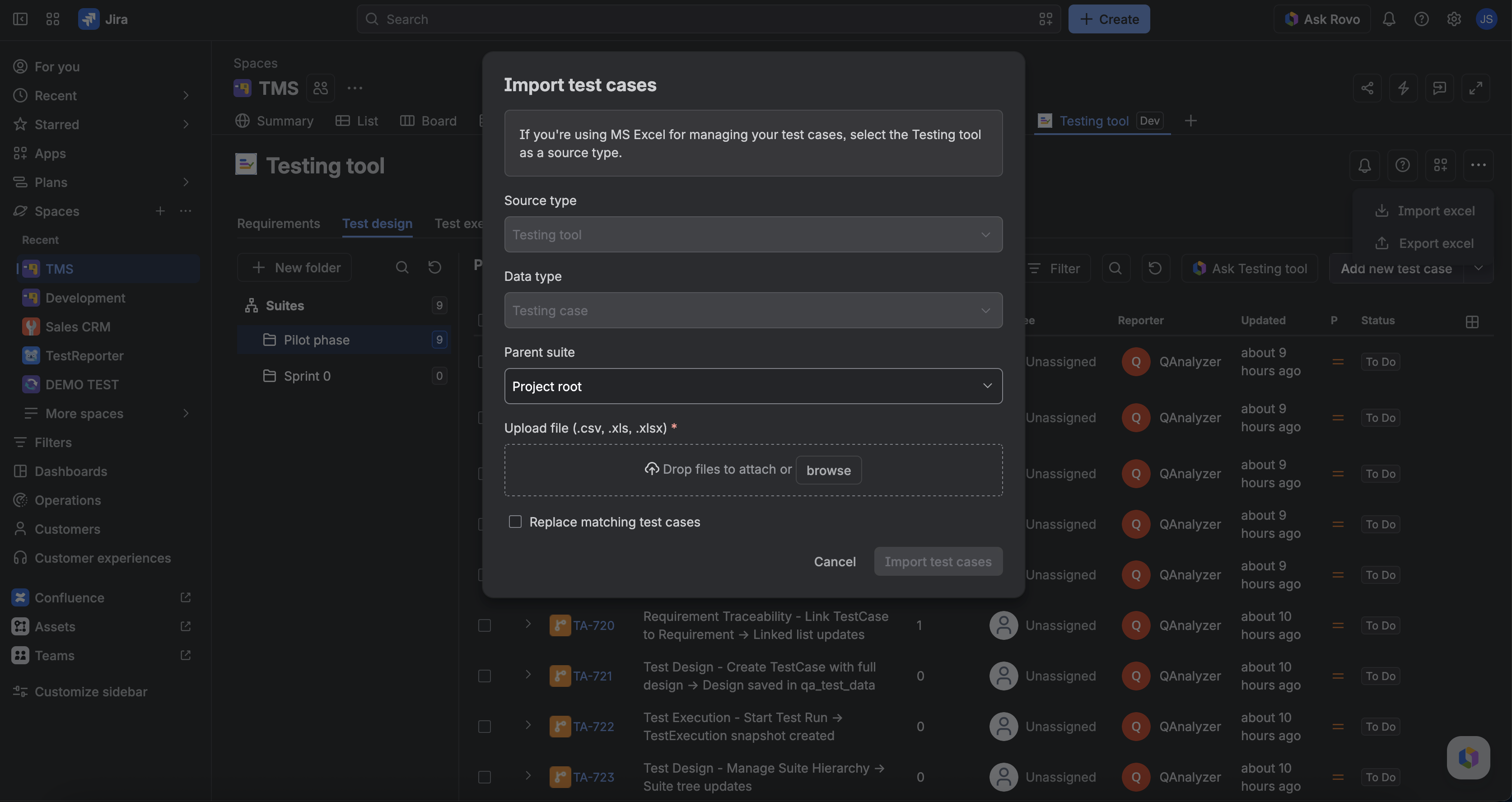 Import test cases dialog with source type and file upload