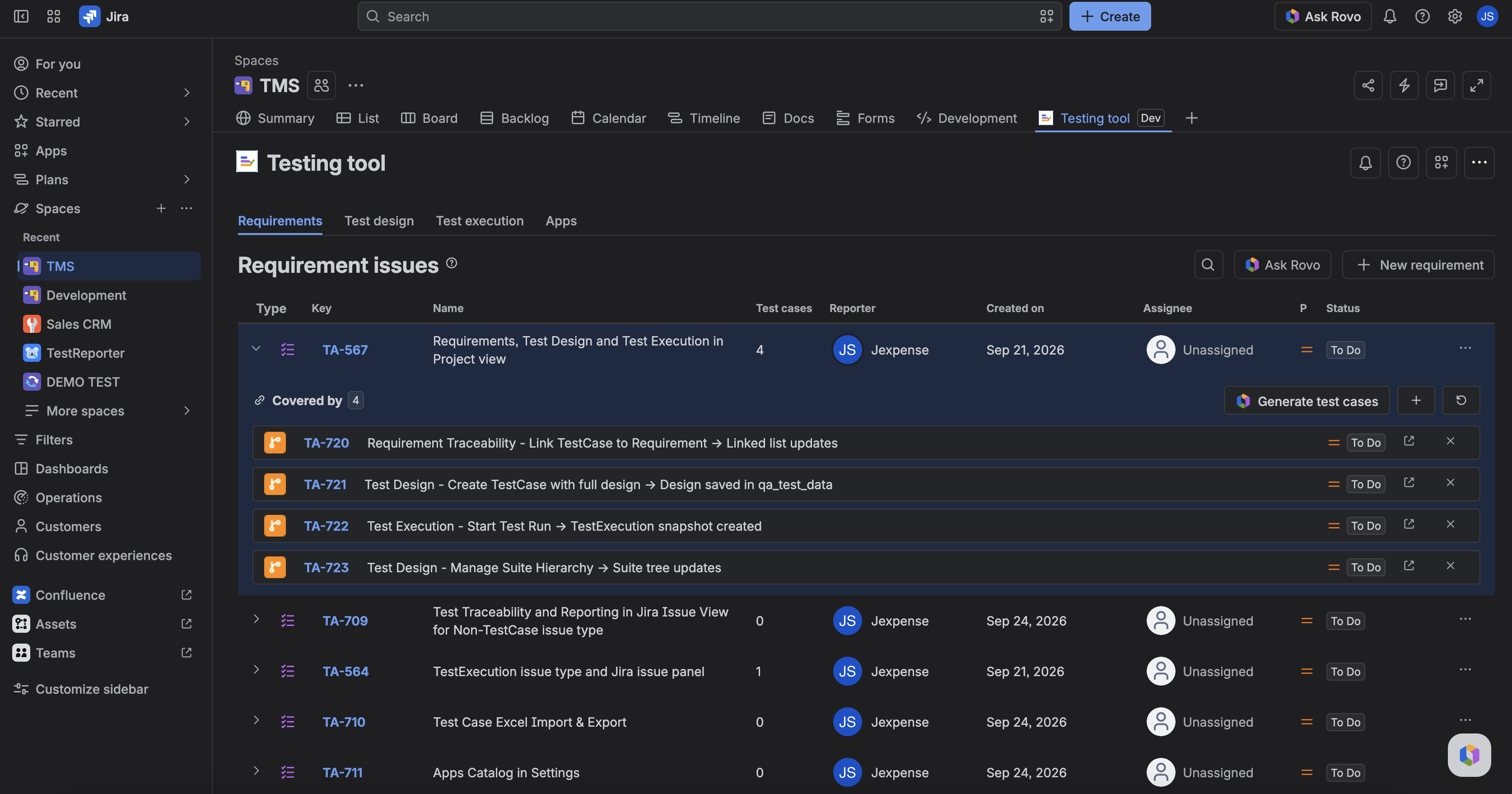 Requirements list with an expanded Requirement and linked TestCases