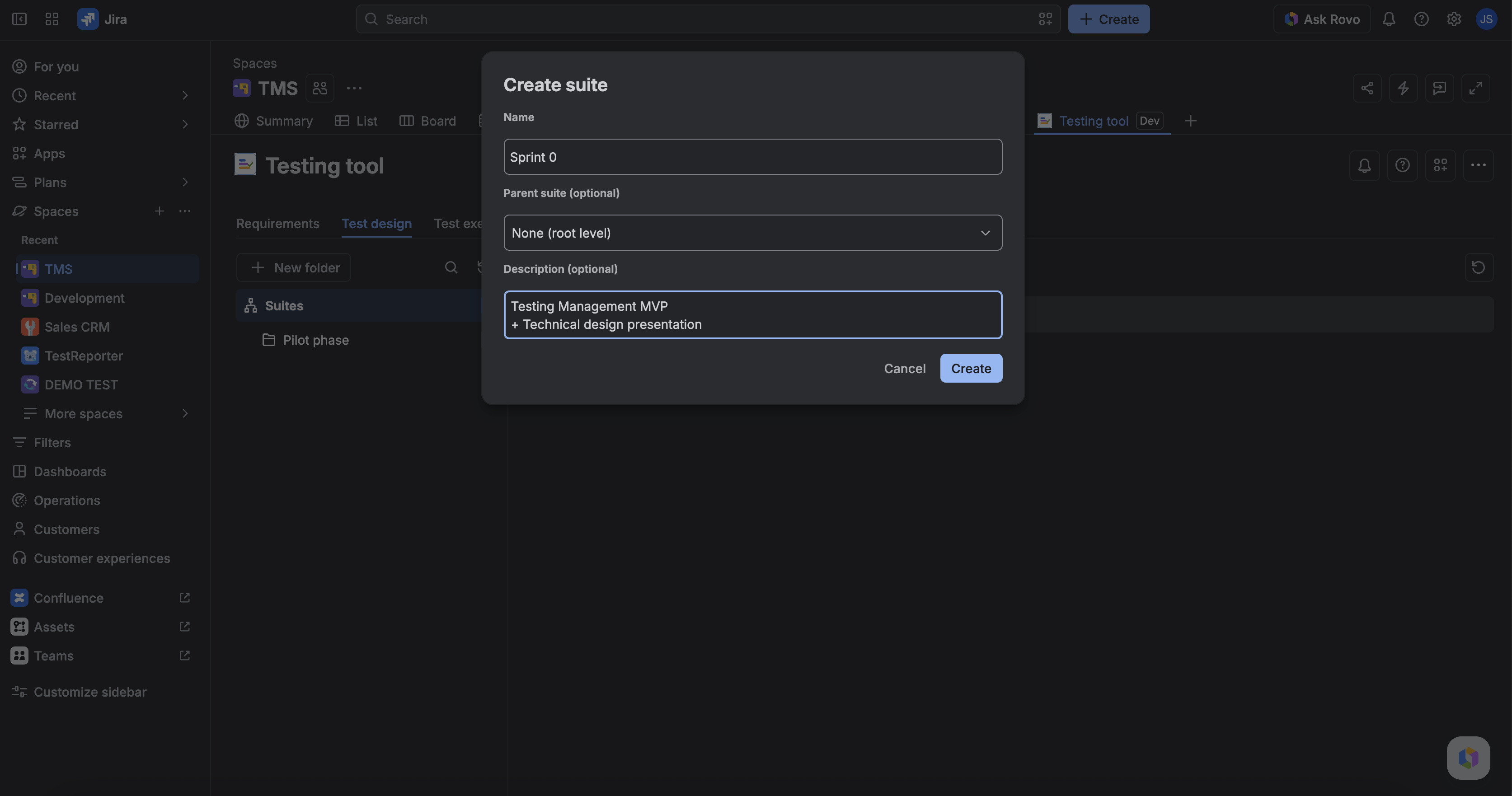 Create suite dialog with name, parent suite, and description