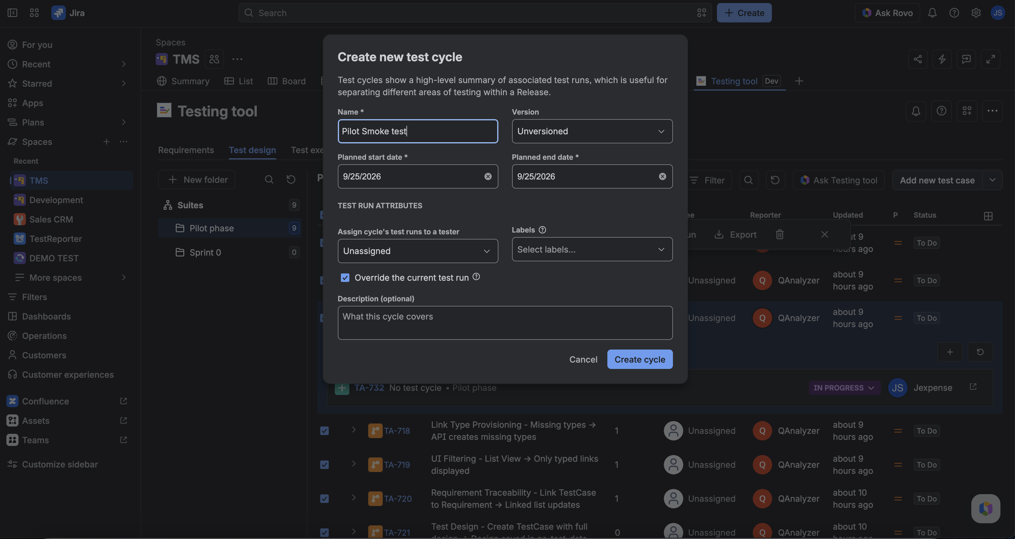 Create new test cycle dialog with name, version, and dates
