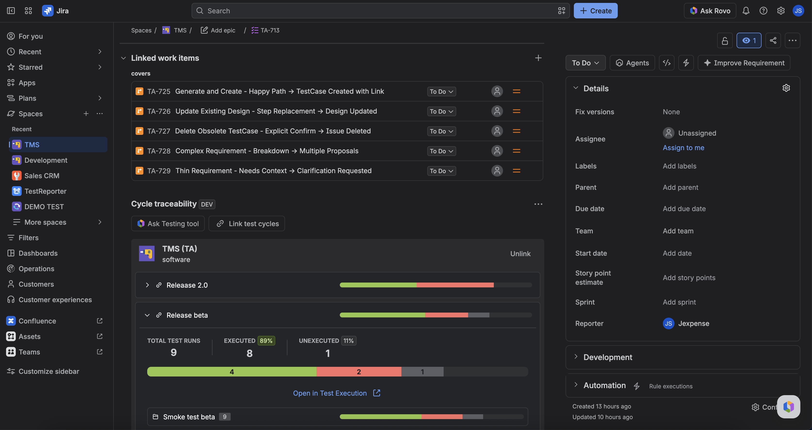Cycle traceability on a story with linked test cycles and coverage counts