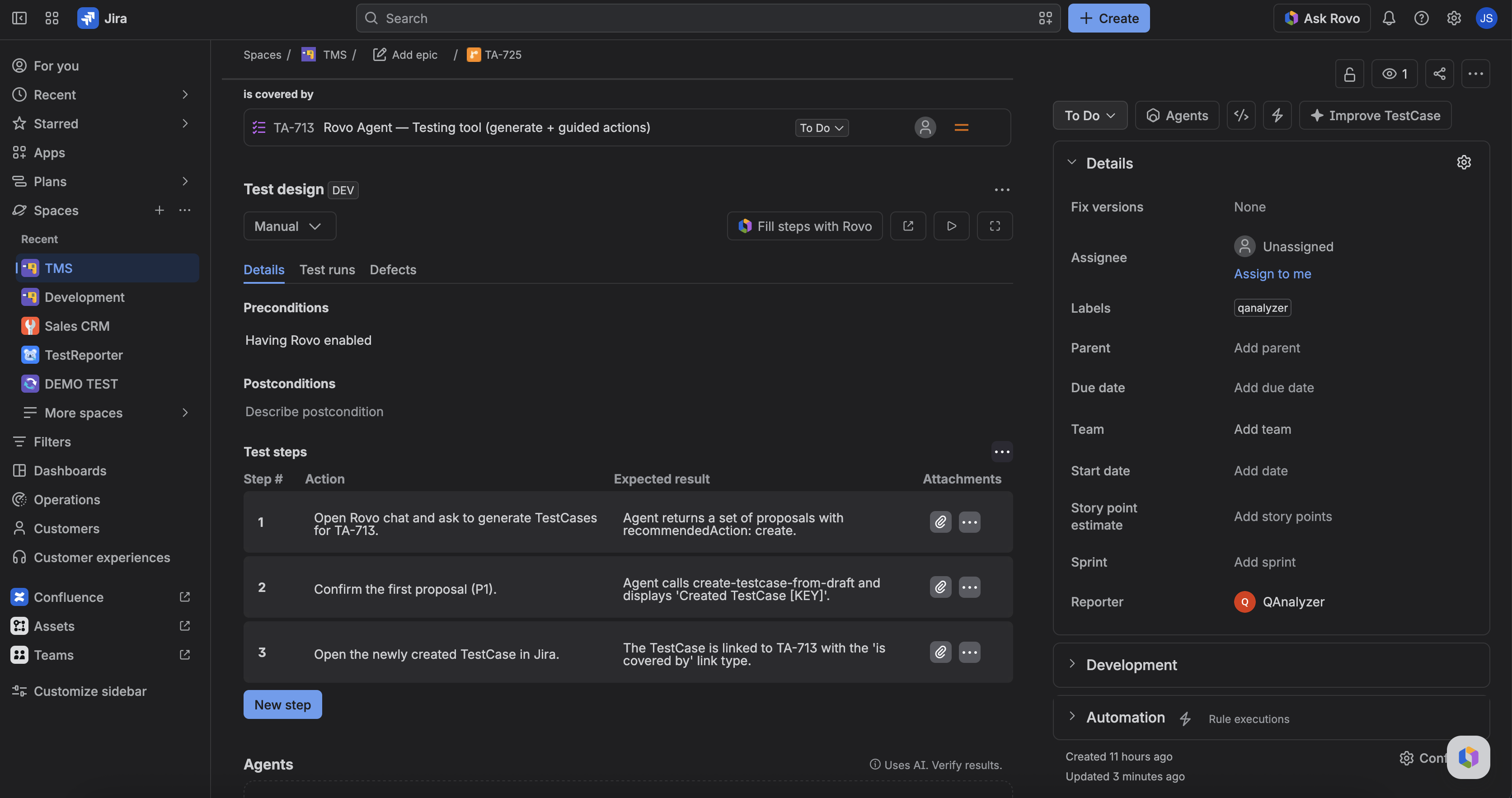 TestCase issue panel Details tab with steps and Fill steps with Rovo