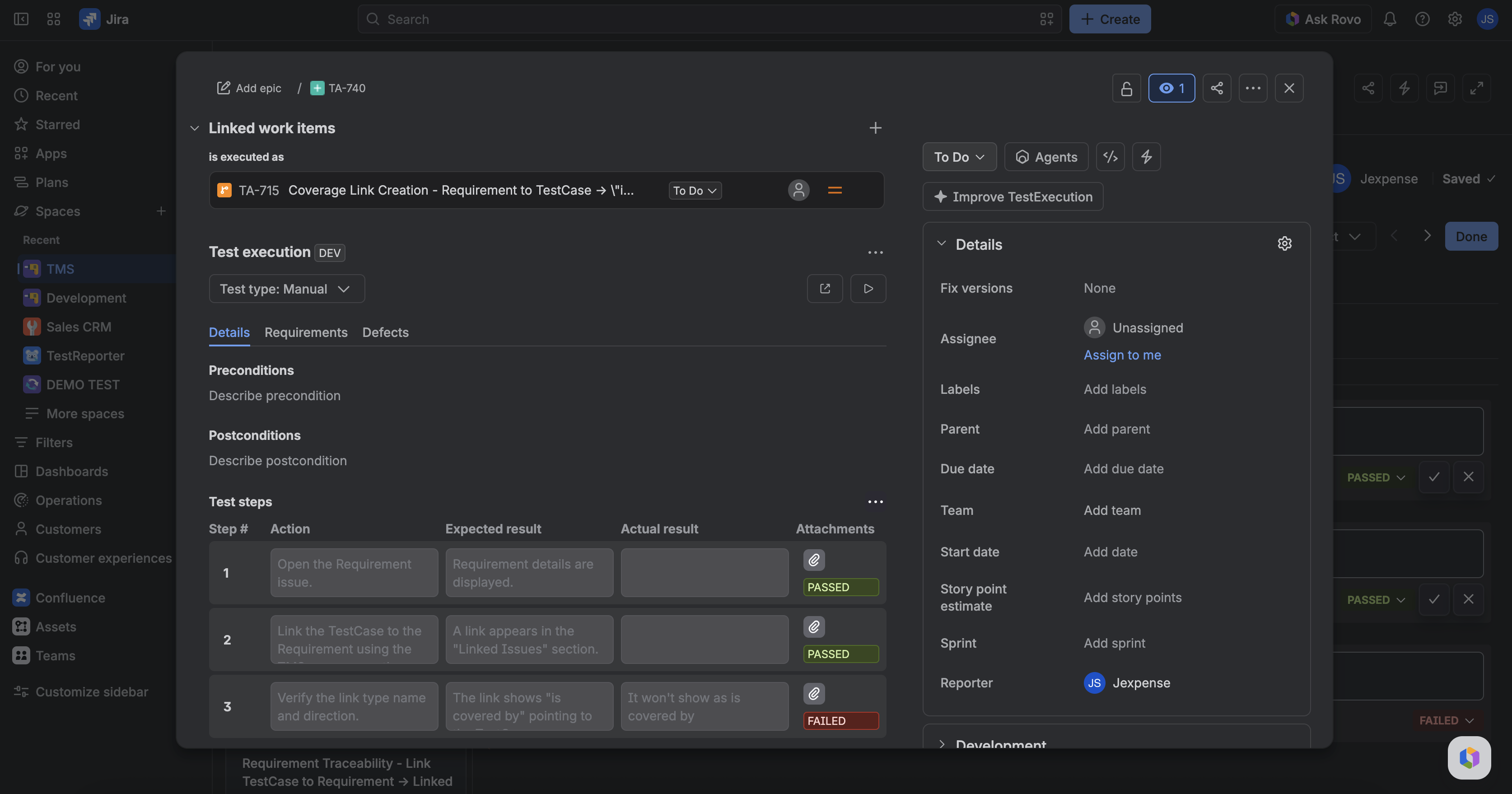 TestExecution issue panel Details tab with steps and pass/fail status
