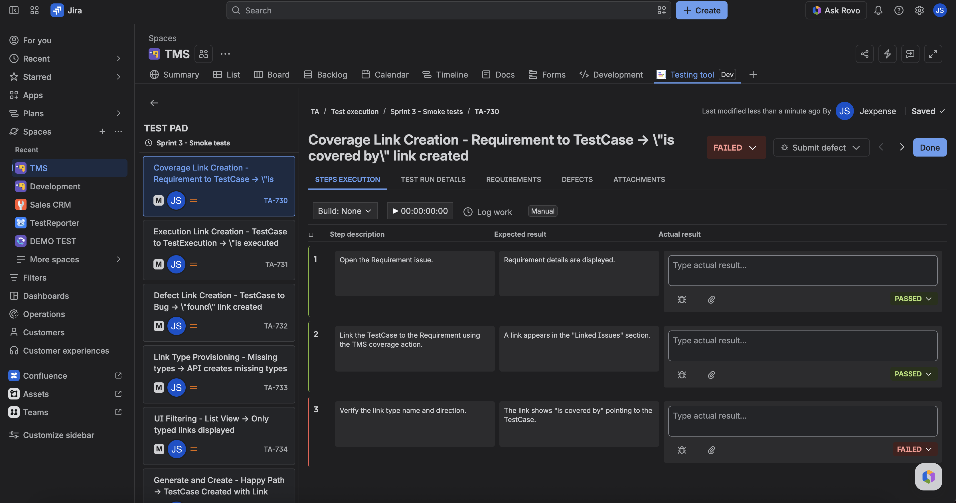 Test Pad with step statuses and actual results for one TestExecution